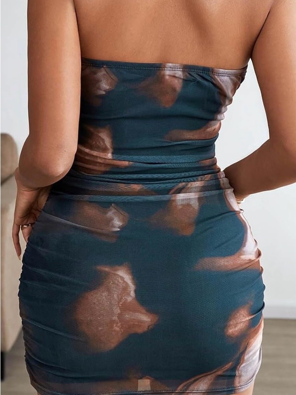 Strapless Ruched Mini Dress in Teal with Brown Tie-Dye